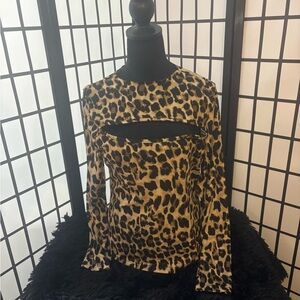 Leopard Print Long-Sleeve Cutout Top - Tan/Black